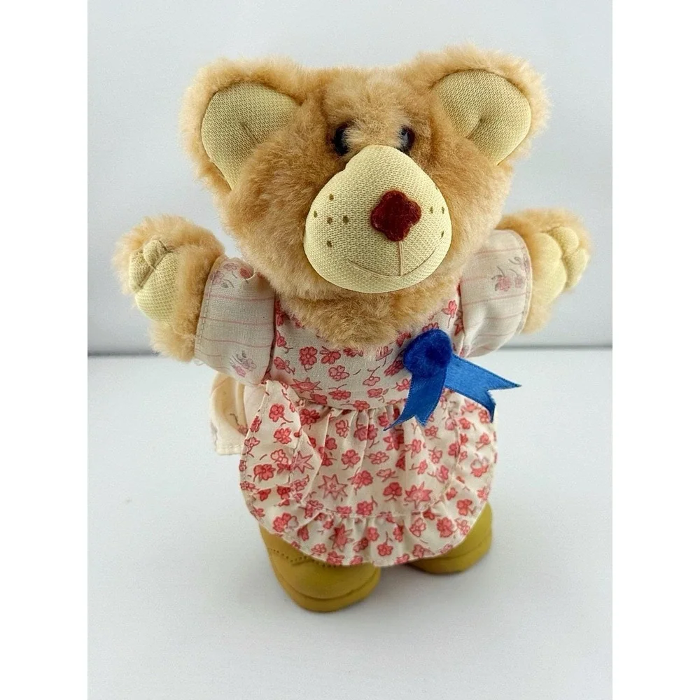Vintage 1986 Furskin Hattie Plush In Floral Dress & Pink Straw Hat